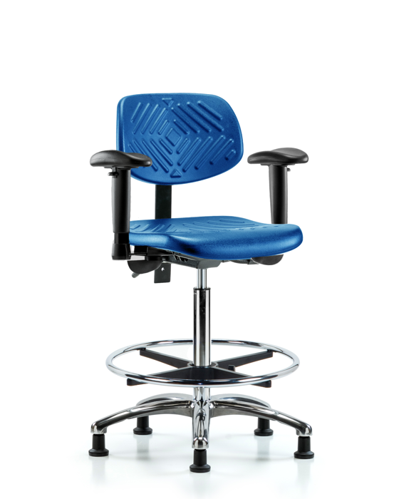 Blue Ridge Ergonomics PHBCH-CR-T0-A1-CF-RG-BLU Polyurethane Chair Chrome - High Bench Height with Adjustable Arms, Chrome Foot Ring, & Stationary Glides in Blue Polyurethane