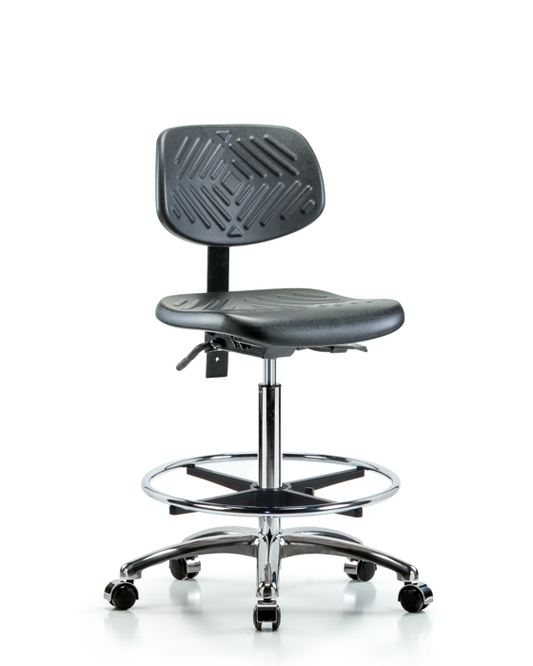 Blue Ridge Ergonomics PHBCH-CR-T1-A0-CF-CC-BLK Polyurethane Chair Chrome - High Bench Height with Seat Tilt, Chrome Foot Ring, & Casters in Black Polyurethane