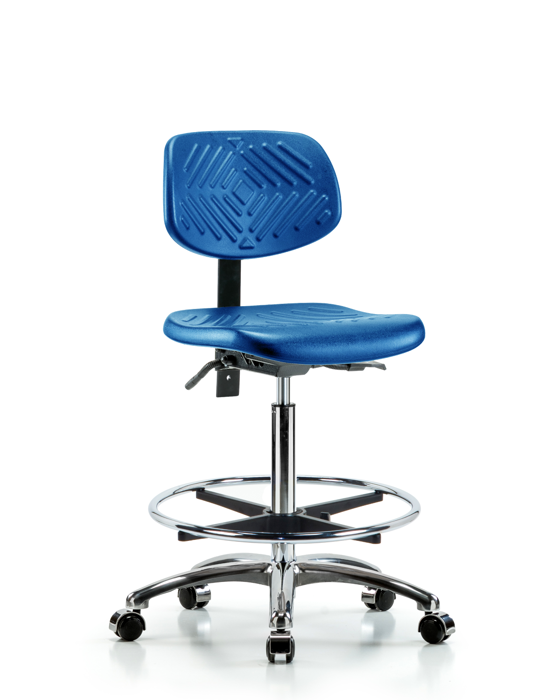 Blue Ridge Ergonomics PHBCH-CR-T1-A0-CF-CC-BLU Polyurethane Chair Chrome - High Bench Height with Seat Tilt, Chrome Foot Ring, & Casters in Blue Polyurethane