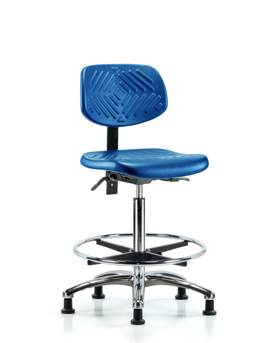 Blue Ridge Ergonomics PHBCH-CR-T1-A0-CF-RG-BLU Polyurethane Chair Chrome - High Bench Height with Seat Tilt, Chrome Foot Ring, & Stationary Glides in Blue Polyurethane