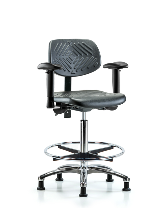 Blue Ridge Ergonomics PHBCH-CR-T1-A1-CF-RG-BLK Polyurethane Chair Chrome - High Bench Height with Seat Tilt, Adjustable Arms, Chrome Foot Ring, & Stationary Glides in Black Polyurethane