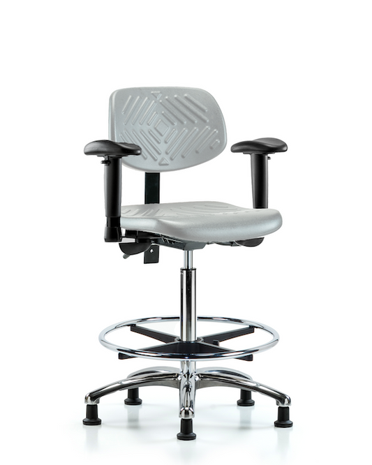 Blue Ridge Ergonomics PHBCH-CR-T1-A1-CF-RG-GRY Polyurethane Chair Chrome - High Bench Height with Seat Tilt, Adjustable Arms, Chrome Foot Ring, & Stationary Glides in Gray Polyurethane