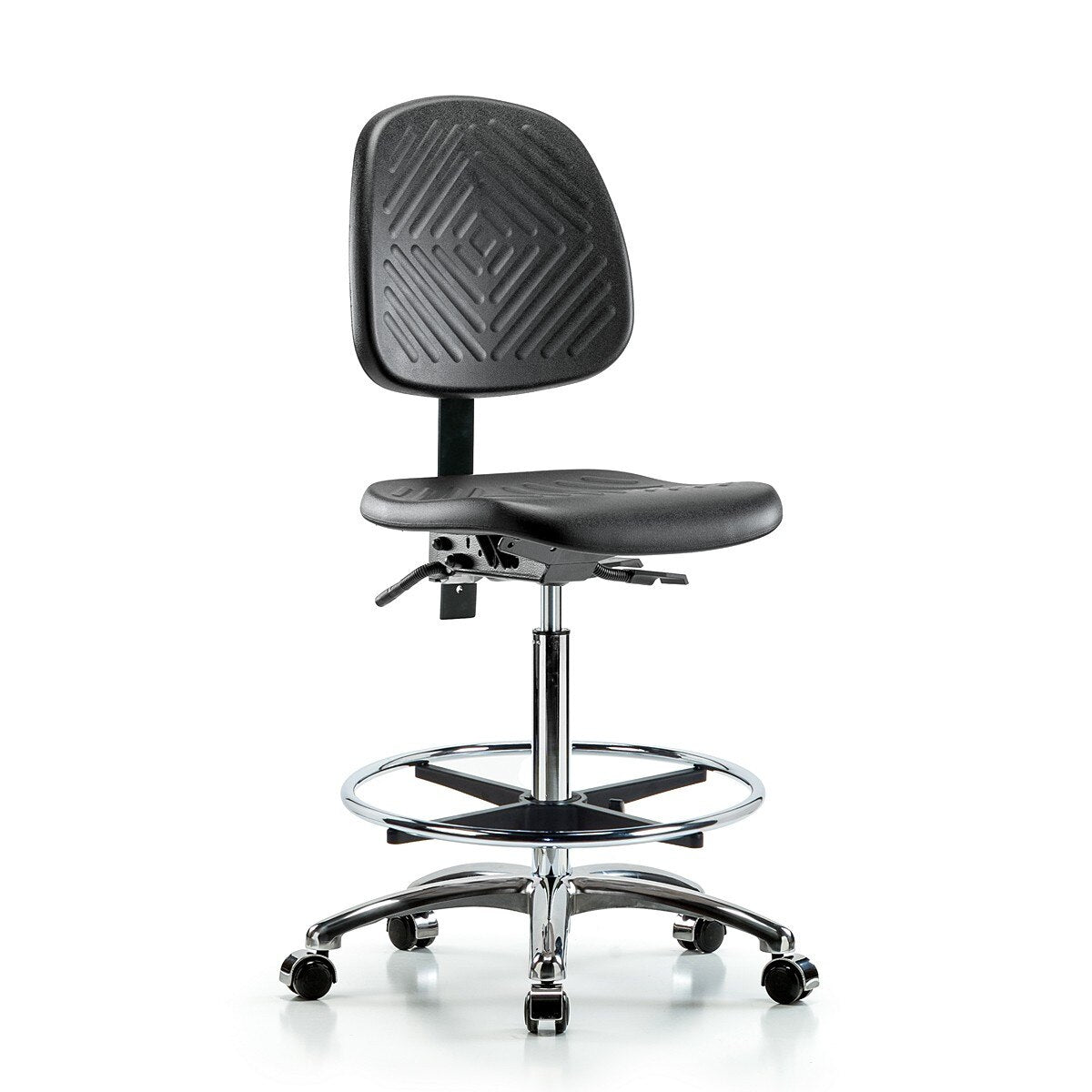 Blue Ridge Ergonomics PHBCH-MB-CR-T0-A0-CF-CC-BLK Polyurethane Chair Chrome - High Bench Height with Medium Back, Chrome Foot Rin, & Casters in Black Polyurethane