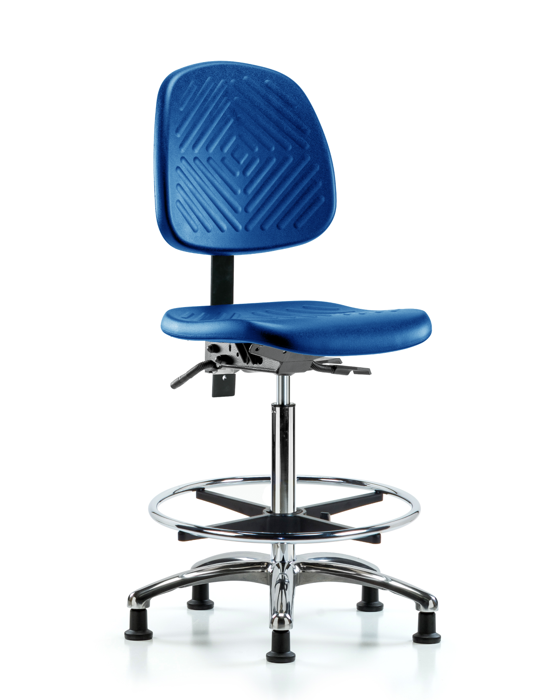 Blue Ridge Ergonomics PHBCH-MB-CR-T0-A0-CF-RG-BLU Polyurethane Chair Chrome - High Bench Height with Medium Back, Chrome Foot Ring, & Stationary Glides in Blue Polyurethane