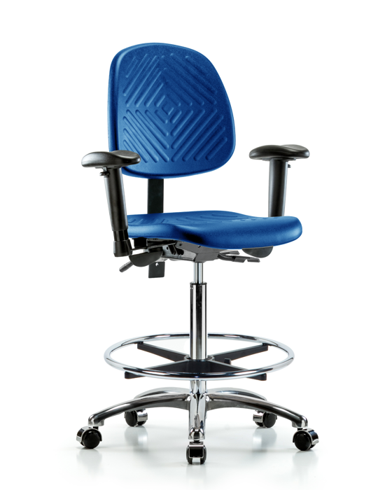 Blue Ridge Ergonomics PHBCH-MB-CR-T0-A1-CF-CC-BLU Polyurethane Chair Chrome - High Bench Height with Medium Back, Adjustable Arms, Chrome Foot Ring, & Casters in Blue Polyurethane
