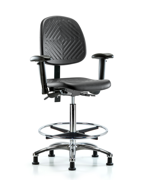 Blue Ridge Ergonomics PHBCH-MB-CR-T0-A1-CF-RG-BLK Polyurethane Chair Chrome - High Bench Height with Medium Back, Adjustable Arms, Chrome Foot Ring, & Stationary Glides in Black Polyurethane