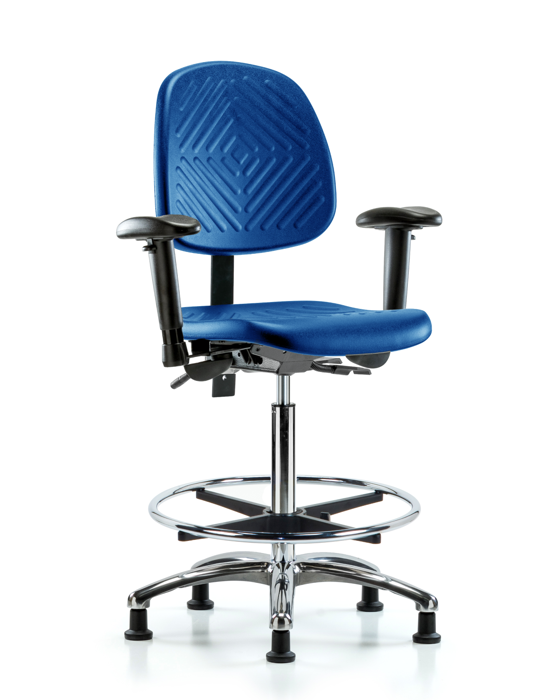 Blue Ridge Ergonomics PHBCH-MB-CR-T0-A1-CF-RG-BLU Polyurethane Chair Chrome - High Bench Height with Medium Back, Adjustable Arms, Chrome Foot Ring, & Stationary Glides in Blue Polyurethane