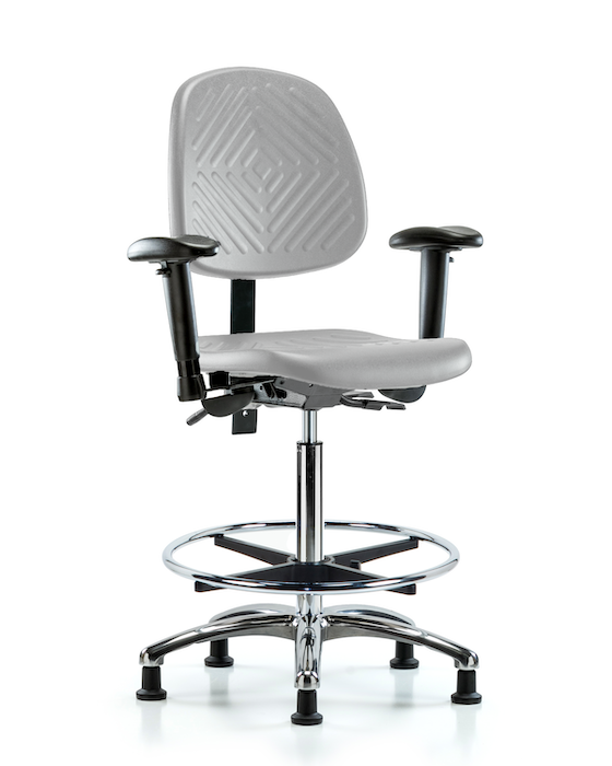 Blue Ridge Ergonomics PHBCH-MB-CR-T0-A1-CF-RG-GRY Polyurethane Chair Chrome - High Bench Height with Medium Back, Adjustable Arms, Chrome Foot Ring, & Stationary Glides in Gray Polyurethane