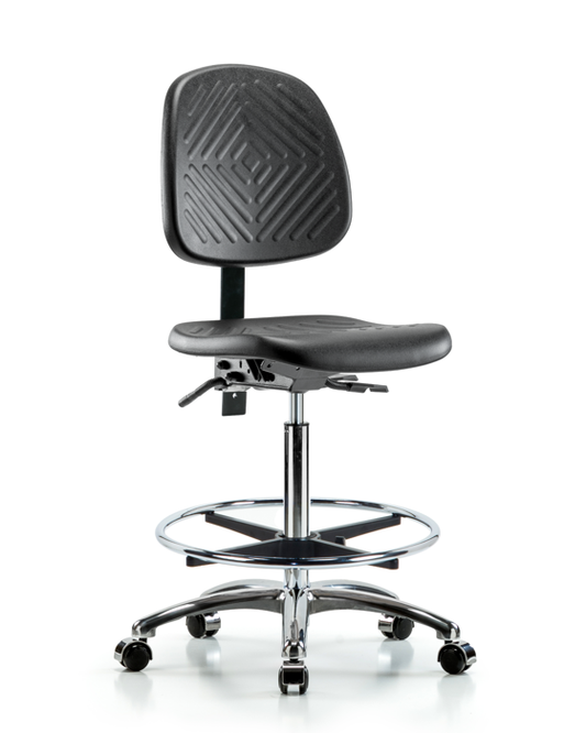 Blue Ridge Ergonomics PHBCH-MB-CR-T1-A0-CF-CC-BLK Polyurethane Chair Chrome - High Bench Height with Medium Back, Seat Tilt, Chrome Foot Ring, & Casters in Black Polyurethane