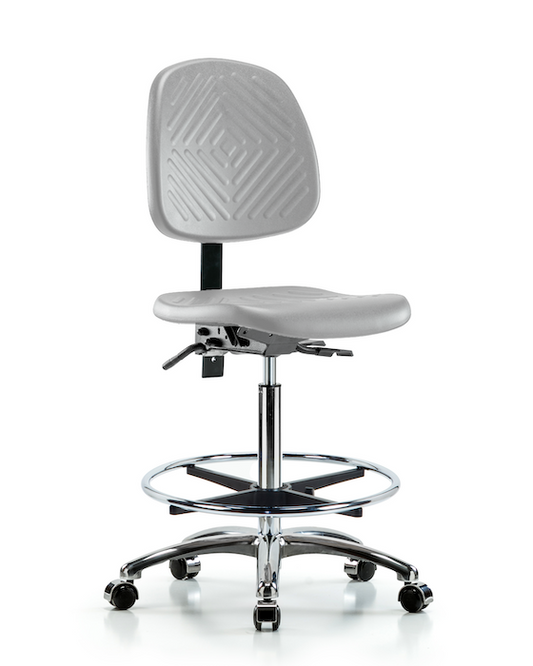Blue Ridge Ergonomics PHBCH-MB-CR-T1-A0-CF-CC-GRY Polyurethane Chair Chrome - High Bench Height with Medium Back, Seat Tilt, Chrome Foot Ring, & Casters in Gray Polyurethane