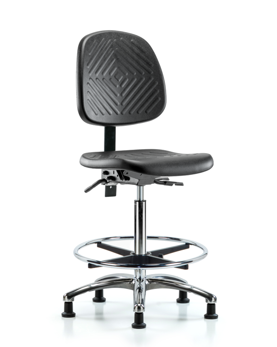 Blue Ridge Ergonomics PHBCH-MB-CR-T1-A0-CF-RG-BLK Polyurethane Chair Chrome - High Bench Height with Medium Back, Seat Tilt, Chrome Foot Ring, & Stationary Glides in Black Polyurethane