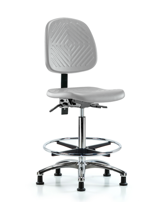 Blue Ridge Ergonomics PHBCH-MB-CR-T1-A0-CF-RG-GRY Polyurethane Chair Chrome - High Bench Height with Medium Back, Seat Tilt, Chrome Foot Ring, & Stationary Glides in Gray Polyurethane