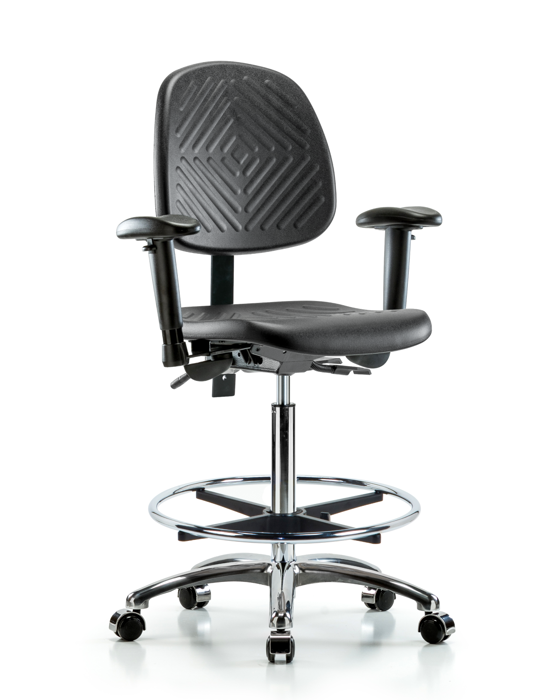 Blue Ridge Ergonomics PHBCH-MB-CR-T1-A1-CF-CC-BLK Polyurethane Chair Chrome - High Bench Height with Medium Back, Seat Tilt, Adjustable Arms, Chrome Foot Ring, & Casters in Black Polyurethane