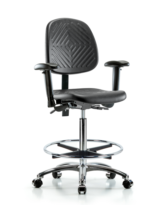 Blue Ridge Ergonomics PHBCH-MB-CR-T1-A1-CF-CC-BLK Polyurethane Chair Chrome - High Bench Height with Medium Back, Seat Tilt, Adjustable Arms, Chrome Foot Ring, & Casters in Black Polyurethane