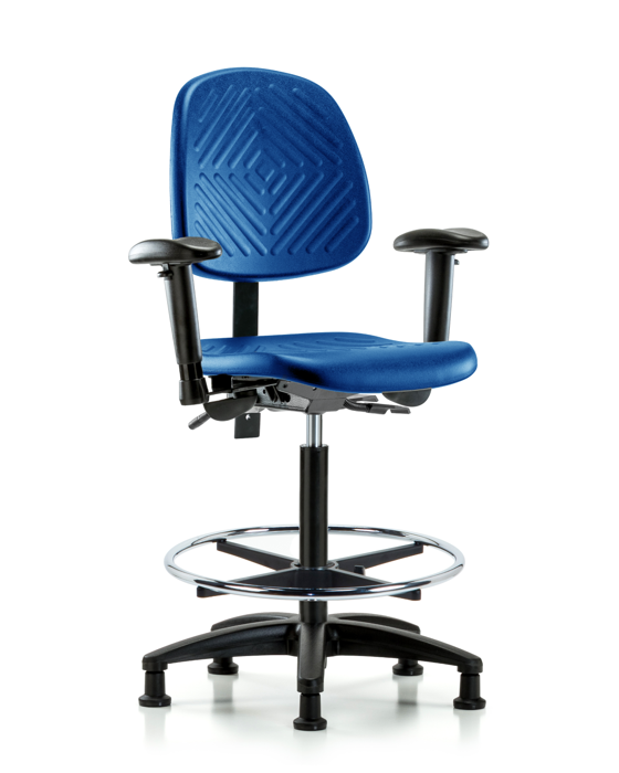 Blue Ridge Ergonomics PHBCH-MB-CR-T1-A1-CF-RG-BLU Polyurethane Chair Chrome - High Bench Height with Medium Back, Seat Tilt, Adjustable Arms, Chrome Foot Ring, & Stationary Glides in Blue Polyurethane