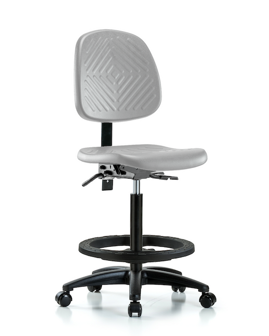 Blue Ridge Ergonomics PHBCH-MB-RG-T0-A0-BF-RC-GRY Polyurethane Chair - High Bench Height with Medium Back, Black Foot Ring, & Casters in Gray Polyurethane