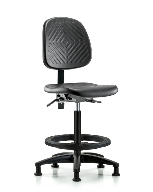 Blue Ridge Ergonomics PHBCH-MB-RG-T0-A0-BF-RG-BLK Polyurethane Chair - High Bench Height with Medium Back, Black Foot Ring, & Stationary Glides in Black Polyurethane