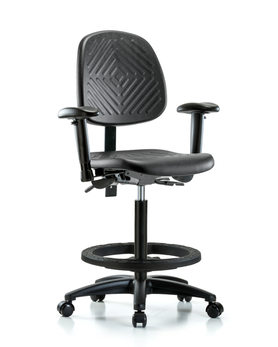 Blue Ridge Ergonomics PHBCH-MB-RG-T0-A1-BF-RC-BLK Polyurethane Chair - High Bench Height with Medium Back, Adjustable Arms, Black Foot Ring, & Casters in Black Polyurethane