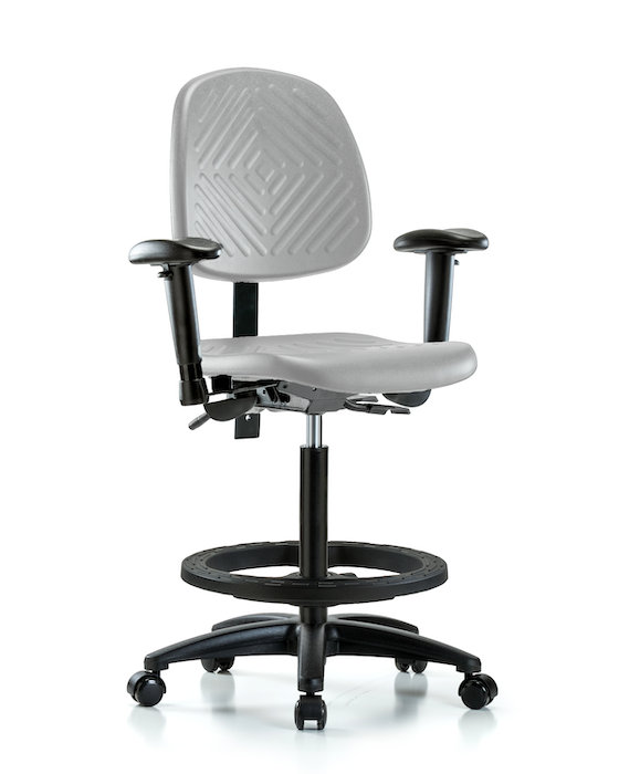 Blue Ridge Ergonomics PHBCH-MB-RG-T0-A1-BF-RC-GRY Polyurethane Chair - High Bench Height with Medium Back, Adjustable Arms, Black Foot Ring, & Casters in Gray Polyurethane