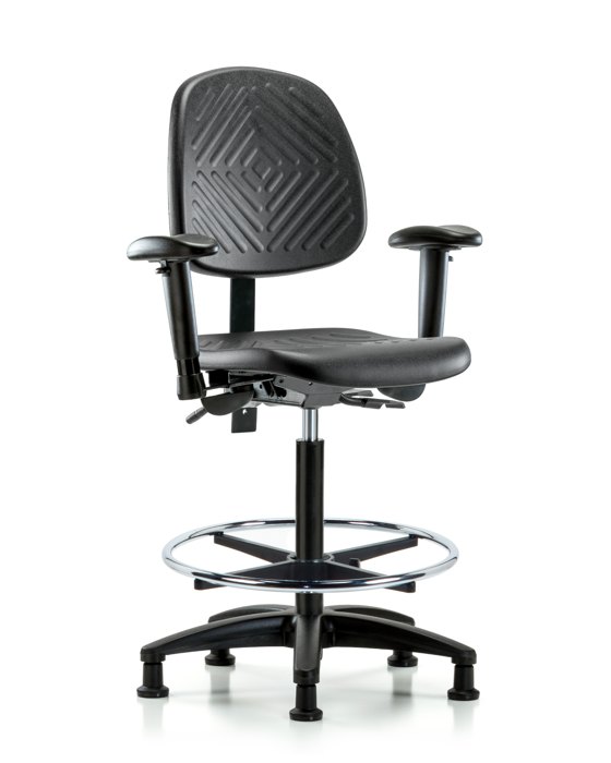 Blue Ridge Ergonomics PHBCH-MB-RG-T0-A1-CF-RG-BLK Polyurethane Chair - High Bench Height with Medium Back, Adjustable Arms, Chrome Foot Ring, & Stationary Glides in Black Polyurethane