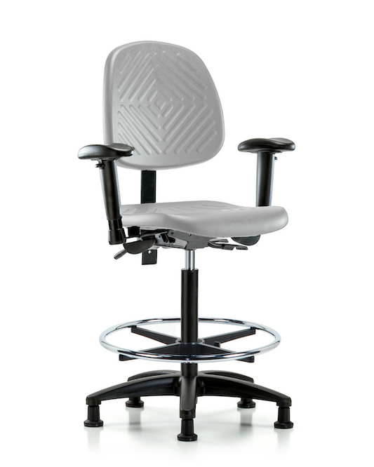 Blue Ridge Ergonomics PHBCH-MB-RG-T0-A1-CF-RG-GRY Polyurethane Chair - High Bench Height with Medium Back, Adjustable Arms, Chrome Foot Ring, & Stationary Glides in Gray Polyurethane