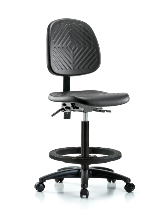 Blue Ridge Ergonomics PHBCH-MB-RG-T1-A0-BF-RC-BLK Polyurethane Chair - High Bench Height with Medium Back, Seat Tilt, Black Foot Ring, & Casters in Black Polyurethane