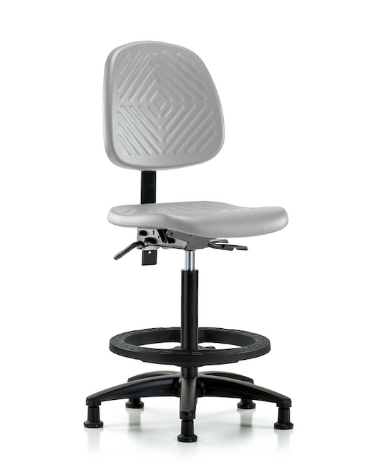 Blue Ridge Ergonomics PHBCH-MB-RG-T1-A0-BF-RG-GRY Polyurethane Chair - High Bench Height with Medium Back, Seat Tilt, Black Foot Ring, & Stationary Glides in Gray Polyurethane