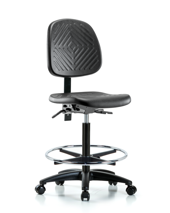 Blue Ridge Ergonomics PHBCH-MB-RG-T1-A0-CF-RC-BLK Polyurethane Chair - High Bench Height with Medium Back, Seat Tilt, Chrome Foot Ring, & Casters in Black Polyurethane