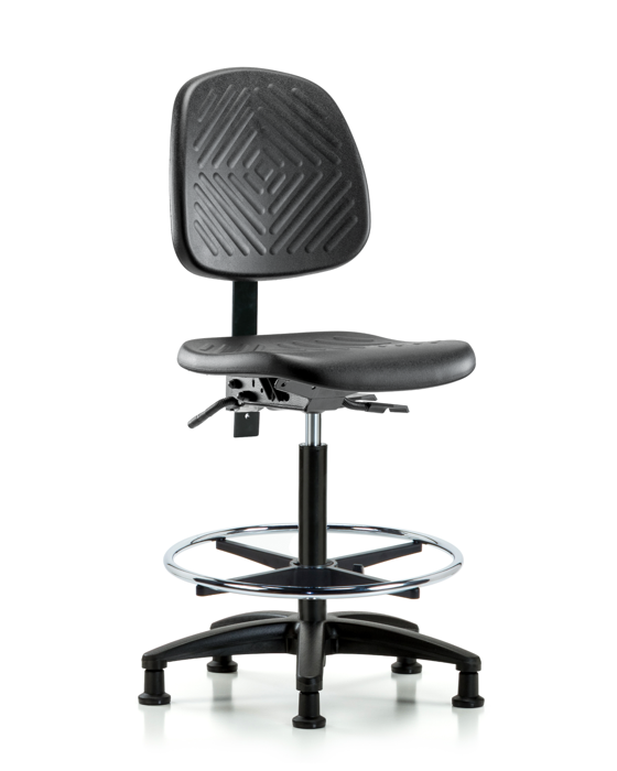 Blue Ridge Ergonomics PHBCH-MB-RG-T1-A0-CF-RG-BLK Polyurethane Chair - High Bench Height with Medium Back, Seat Tilt, Chrome Foot Ring, & Stationary Glides in Black Polyurethane