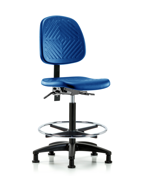 Blue Ridge Ergonomics PHBCH-MB-RG-T1-A0-CF-RG-BLU Polyurethane Chair - High Bench Height with Medium Back, Seat Tilt, Chrome Foot Ring, & Stationary Glides in Blue Polyurethane