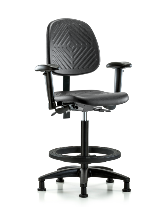 Blue Ridge Ergonomics PHBCH-MB-RG-T1-A1-BF-RG-BLK Polyurethane Chair - High Bench Height with Medium Back, Seat Tilt, Adjustable Arms, Black Foot Ring, & Stationary Glides in Black Polyurethane