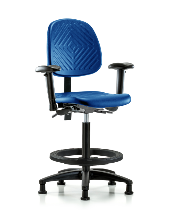 Blue Ridge Ergonomics PHBCH-MB-RG-T1-A1-BF-RG-BLU Polyurethane Chair - High Bench Height with Medium Back, Seat Tilt, Adjustable Arms, Black Foot Ring, & Stationary Glides in Blue Polyurethane