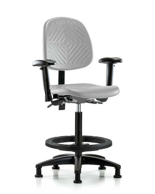 Blue Ridge Ergonomics PHBCH-MB-RG-T1-A1-BF-RG-GRY Polyurethane Chair - High Bench Height with Medium Back, Seat Tilt, Adjustable Arms, Black Foot Ring, & Stationary Glides in Gray Polyurethane