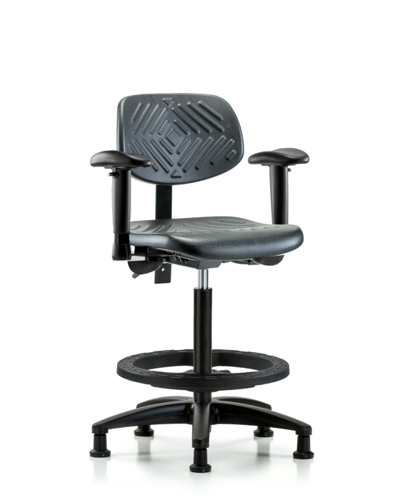 Blue Ridge Ergonomics PHBCH-RG-T0-A1-BF-RG-BLK Polyurethane Chair - High Bench Height with Adjustable Arms, Black Foot Ring, & Stationary Glides in Black Polyurethane