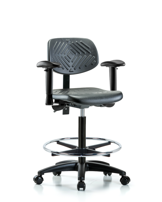 Blue Ridge Ergonomics PHBCH-RG-T0-A1-CF-RC-BLK Polyurethane Chair - High Bench Height with Adjustable Arms, Chrome Foot Ring, & Casters in Black Polyurethane
