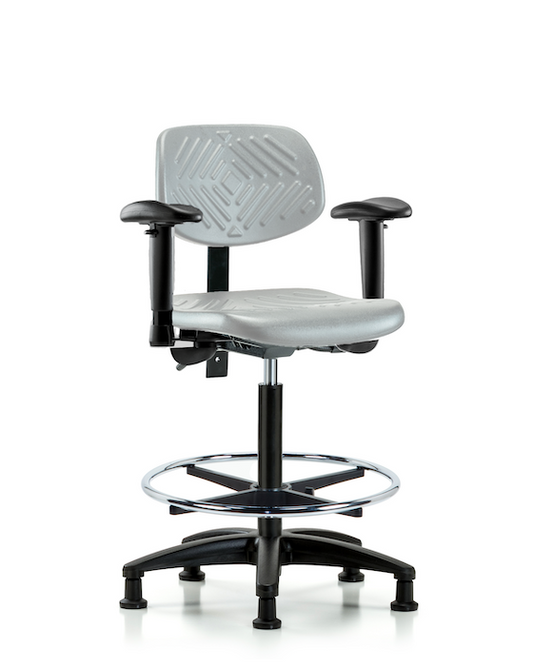 Blue Ridge Ergonomics PHBCH-RG-T0-A1-CF-RG-GRY Polyurethane Chair - High Bench Height with Adjustable Arms, Chrome Foot Ring, & Stationary Glides in Gray Polyurethane