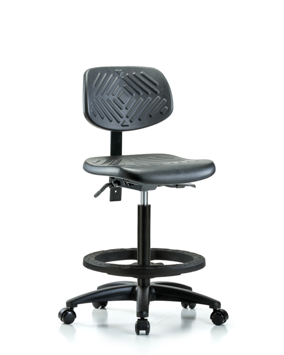 Blue Ridge Ergonomics PHBCH-RG-T1-A0-BF-RC-BLK Polyurethane Chair - High Bench Height with Seat Tilt, Black Foot Ring, & Casters in Black Polyurethane
