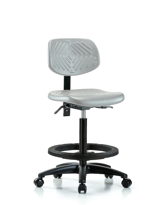 Blue Ridge Ergonomics PHBCH-RG-T1-A0-BF-RC-GRY Polyurethane Chair - High Bench Height with Seat Tilt, Black Foot Ring, & Casters in Gray Polyurethane