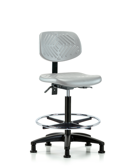 Blue Ridge Ergonomics PHBCH-RG-T1-A0-CF-RG-GRY Polyurethane Chair - High Bench Height with Seat Tilt, Chrome Foot Ring, & Stationary Glides in Gray Polyurethane