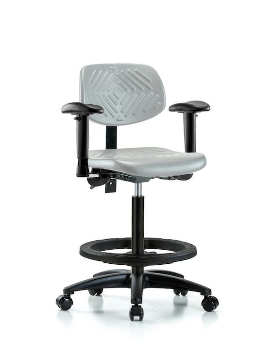 Blue Ridge Ergonomics PHBCH-RG-T1-A1-BF-RC-GRY Polyurethane Chair - High Bench Height with Seat Tilt, Adjustable Arms, Black Foot Ring, & Casters in Gray Polyurethane