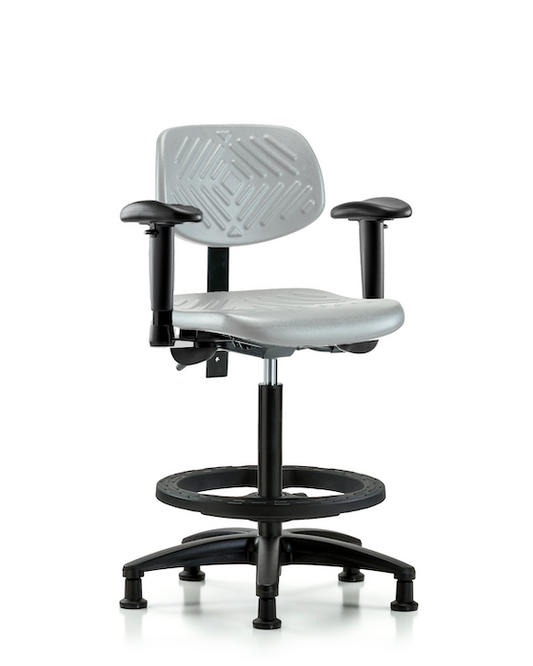 Blue Ridge Ergonomics PHBCH-RG-T1-A1-BF-RG-GRY Polyurethane Chair - High Bench Height with Seat Tilt, Adjustable Arms, Black Foot Ring, & Stationary Glides in Gray Polyurethane