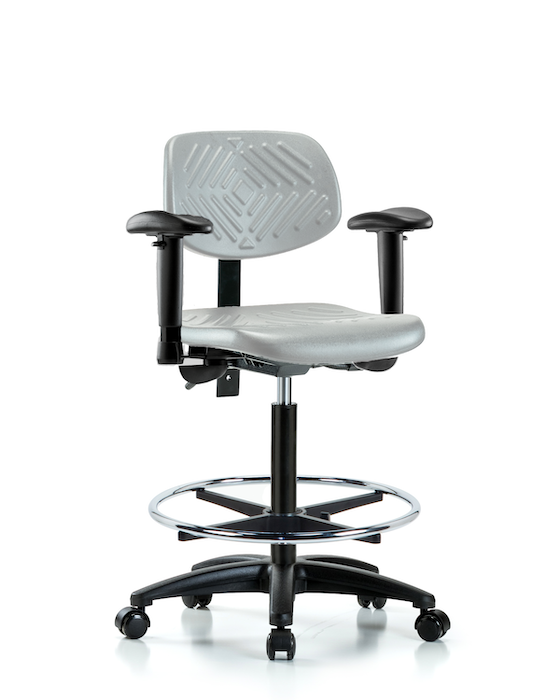 Blue Ridge Ergonomics PHBCH-RG-T1-A1-CF-RC-GRY Polyurethane Chair - High Bench Height with Seat Tilt, Adjustable Arms, Chrome Foot Ring, & Casters in Gray Polyurethane