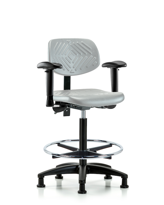 Blue Ridge Ergonomics PHBCH-RG-T1-A1-CF-RG-GRY Polyurethane Chair - High Bench Height with Seat Tilt, Adjustable Arms, Chrome Foot Ring, & Stationary Glides in Gray Polyurethane