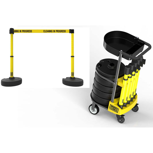 Banner Stakes PL4005T PLUS Cart Package with Tray, Yellow "Cleaning in Progress" Banner