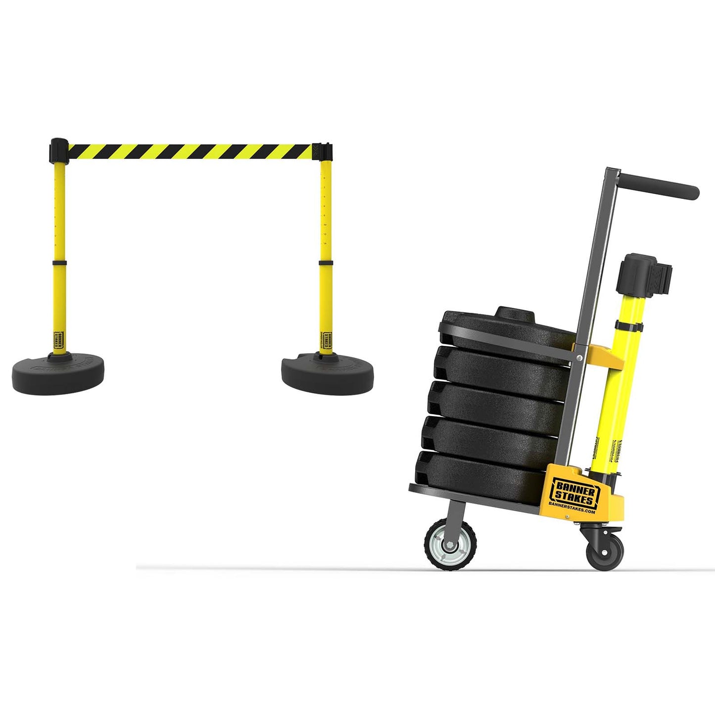 Banner Stakes PL4008 PLUS Cart Package, Yellow/Black Diagonal Stripe Banner