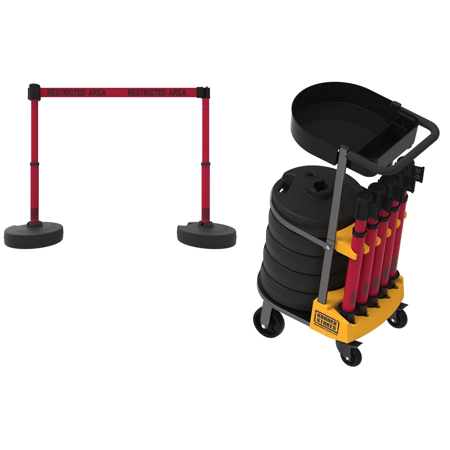 Banner Stakes PL4010T PLUS Cart Package with Tray, Red "Restricted Area" Banner