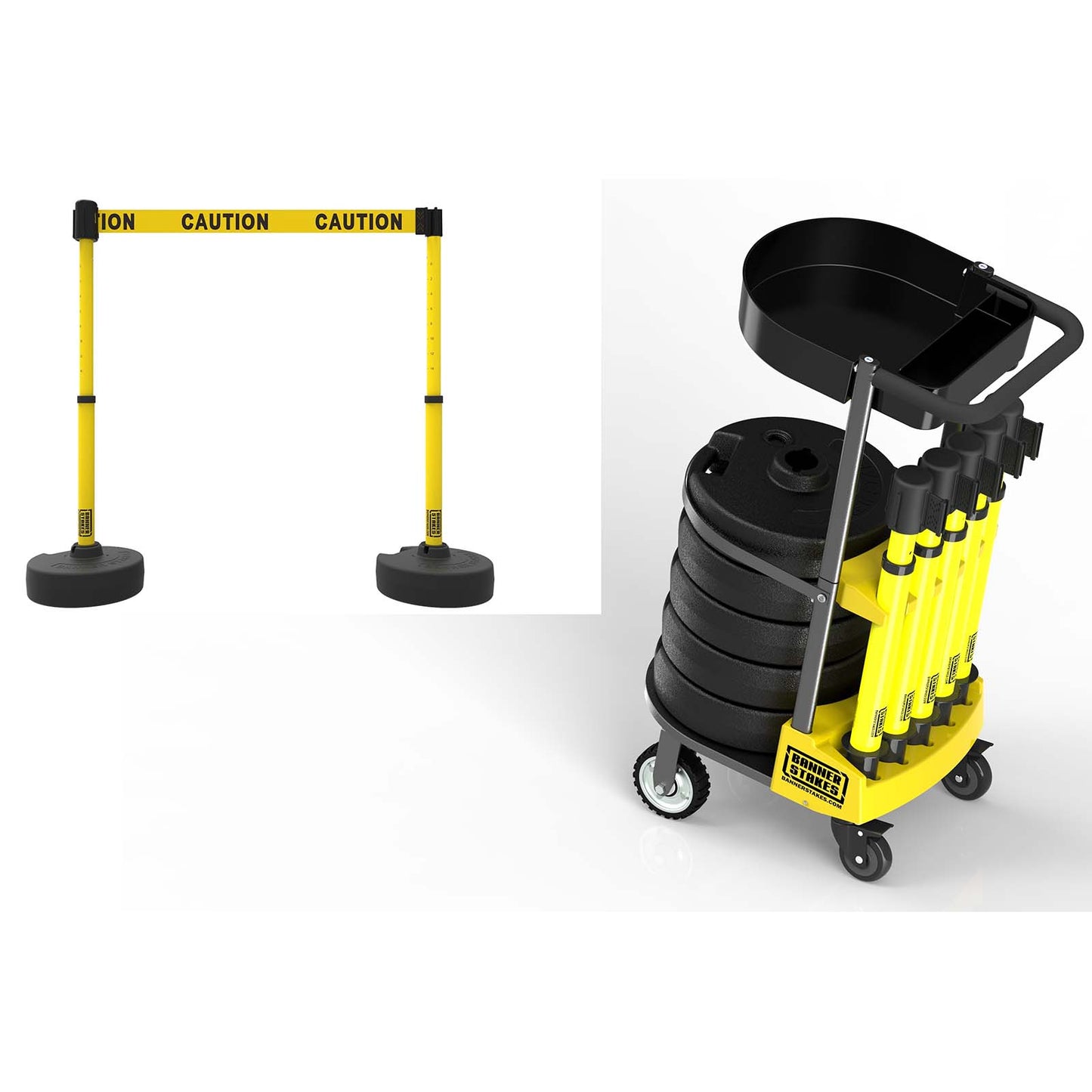 Banner Stakes PL4122T PLUS Cart Package with Tray, Yellow Double-Sided "Caution" Banner