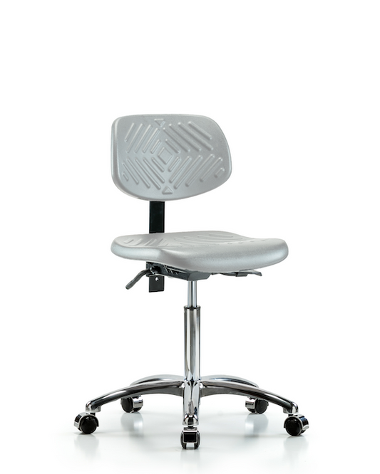 Blue Ridge Ergonomics PMBCH-CR-T0-A0-NF-CC-GRY Polyurethane Chair Chrome - Medium Bench Height with Casters in Gray Polyurethane
