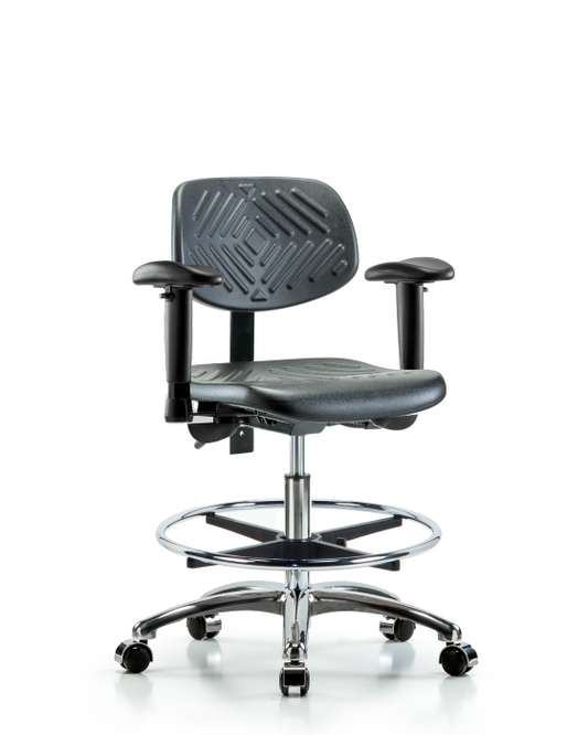 Blue Ridge Ergonomics PMBCH-CR-T0-A1-CF-CC-BLK Polyurethane Chair Chrome - Medium Bench Height with Adjustable Arms, Chrome Foot Ring, & Casters in Black Polyurethane