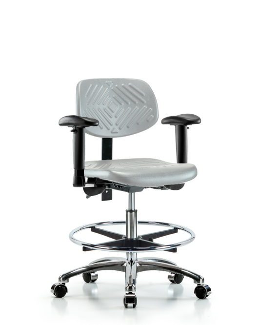 Blue Ridge Ergonomics PMBCH-CR-T0-A1-CF-CC-GRY Polyurethane Chair Chrome - Medium Bench Height with Adjustable Arms, Chrome Foot Ring, & Casters in Gray Polyurethane